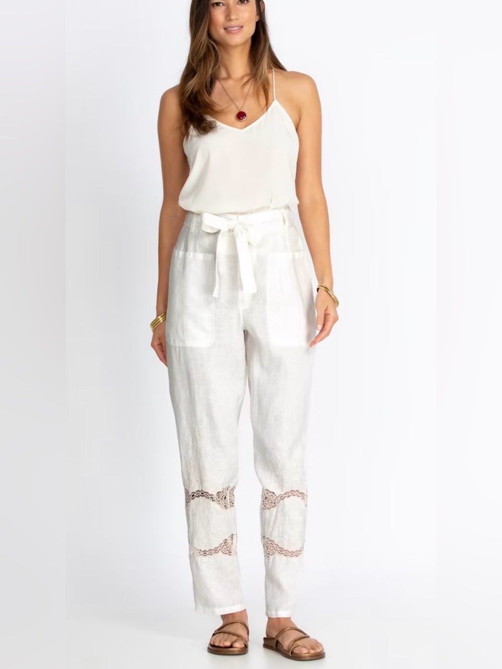 Johnny Was White Stasha Highwaist Linen Pants with Lace Insets, Size M